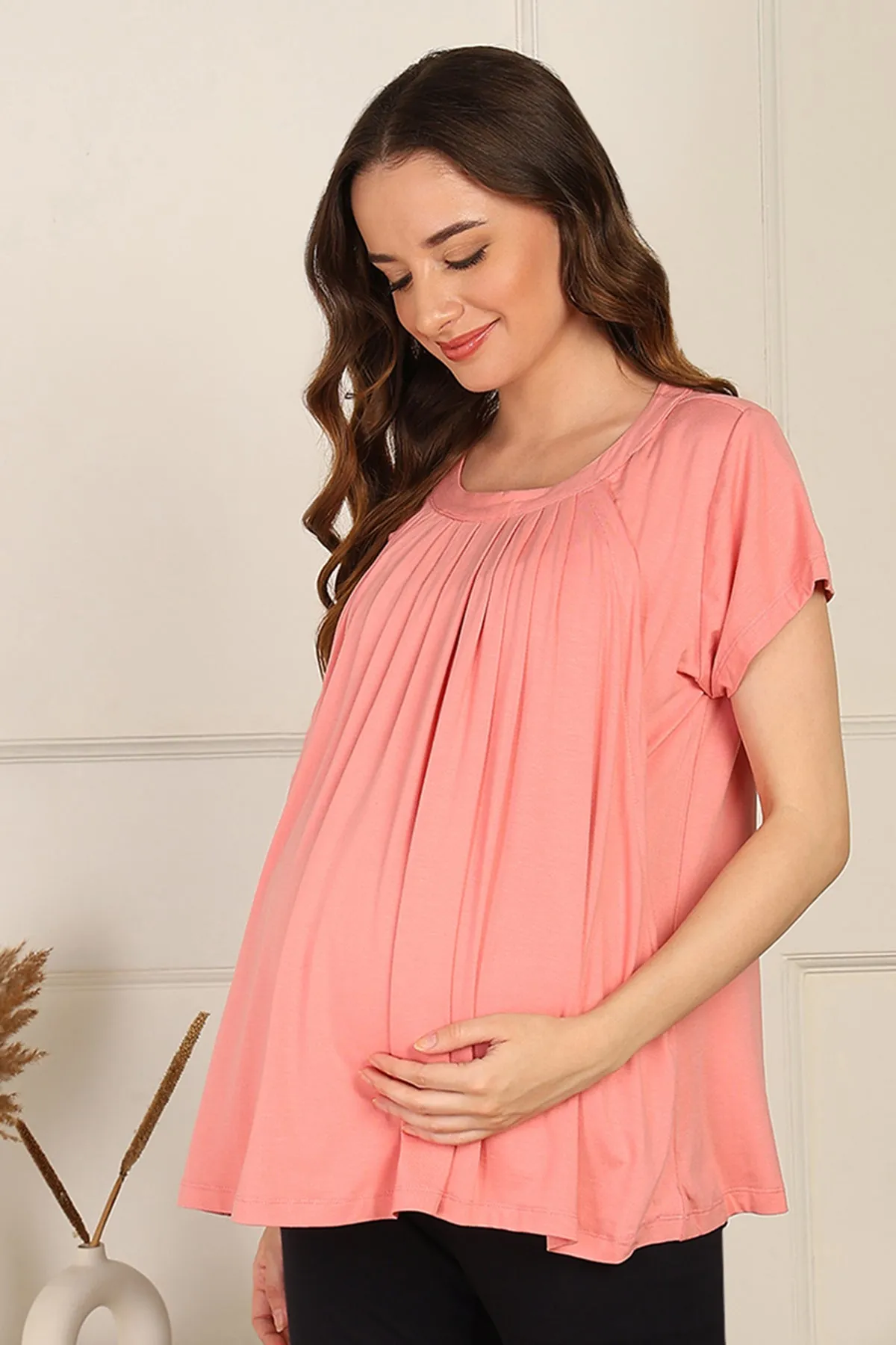 Peach Pleated Zipless Nursing Top