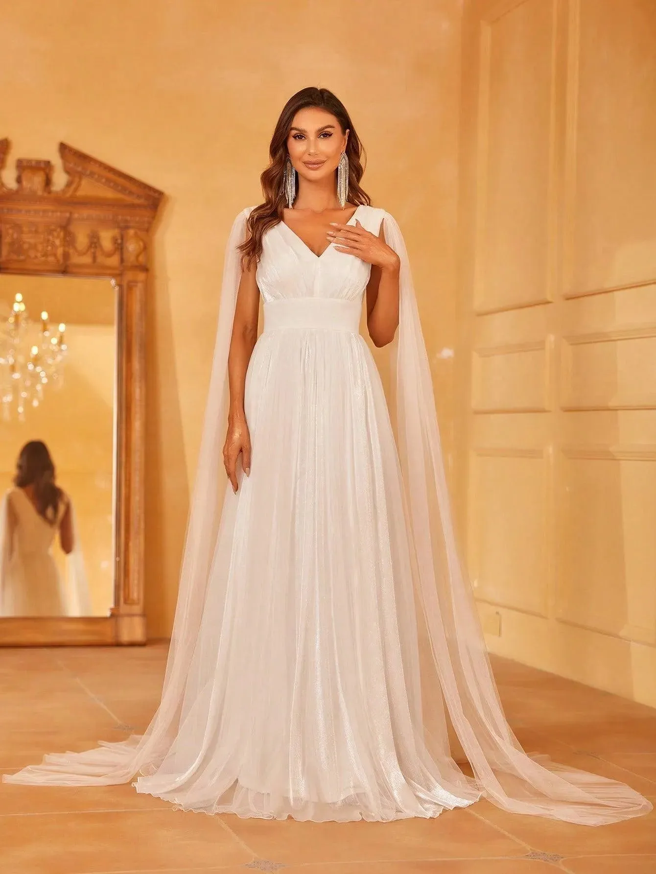 Plunging Neck A Line Wedding dress With Cape