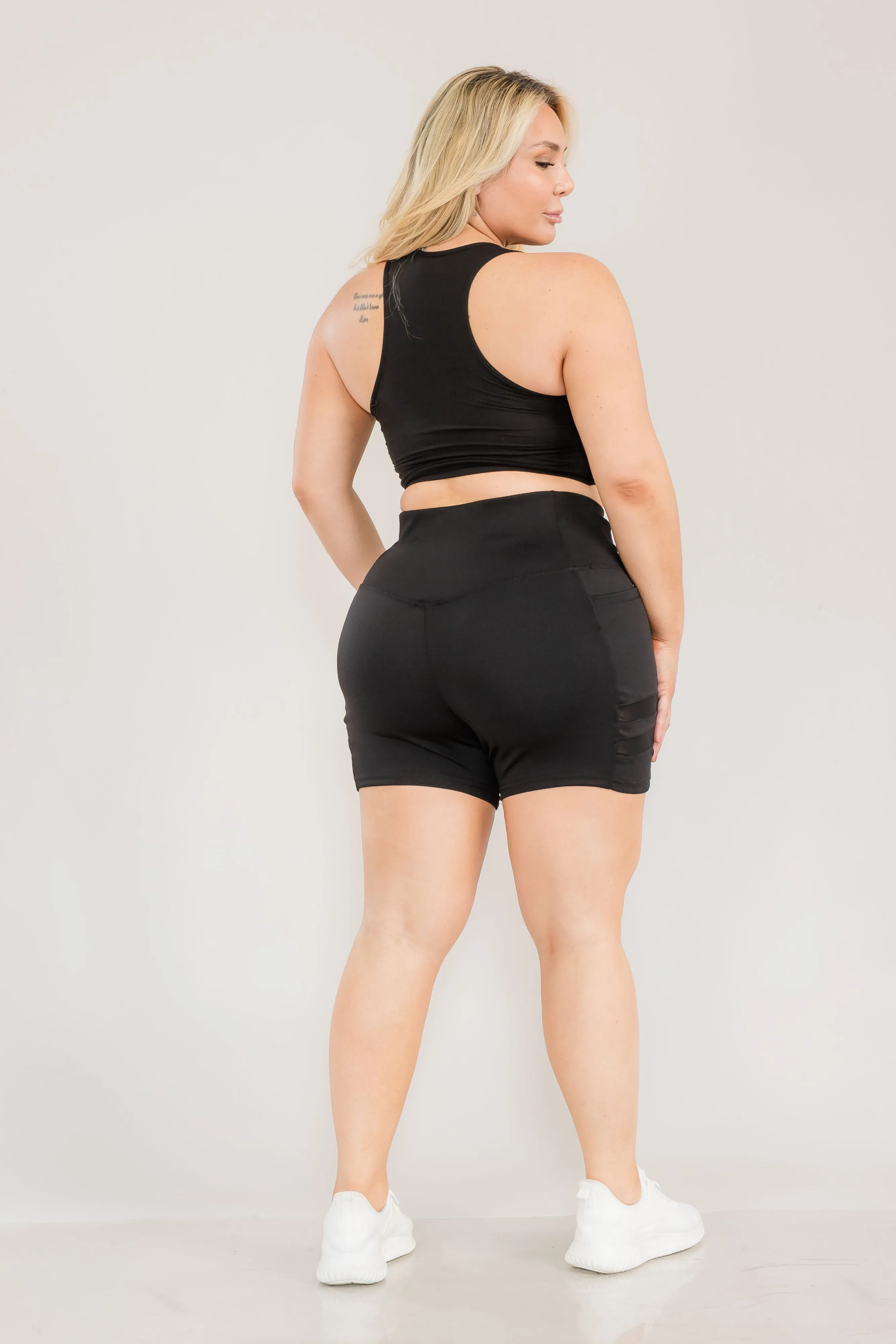 Plus Size High Waist Biker Shorts With Side Mesh & Pockets - Black