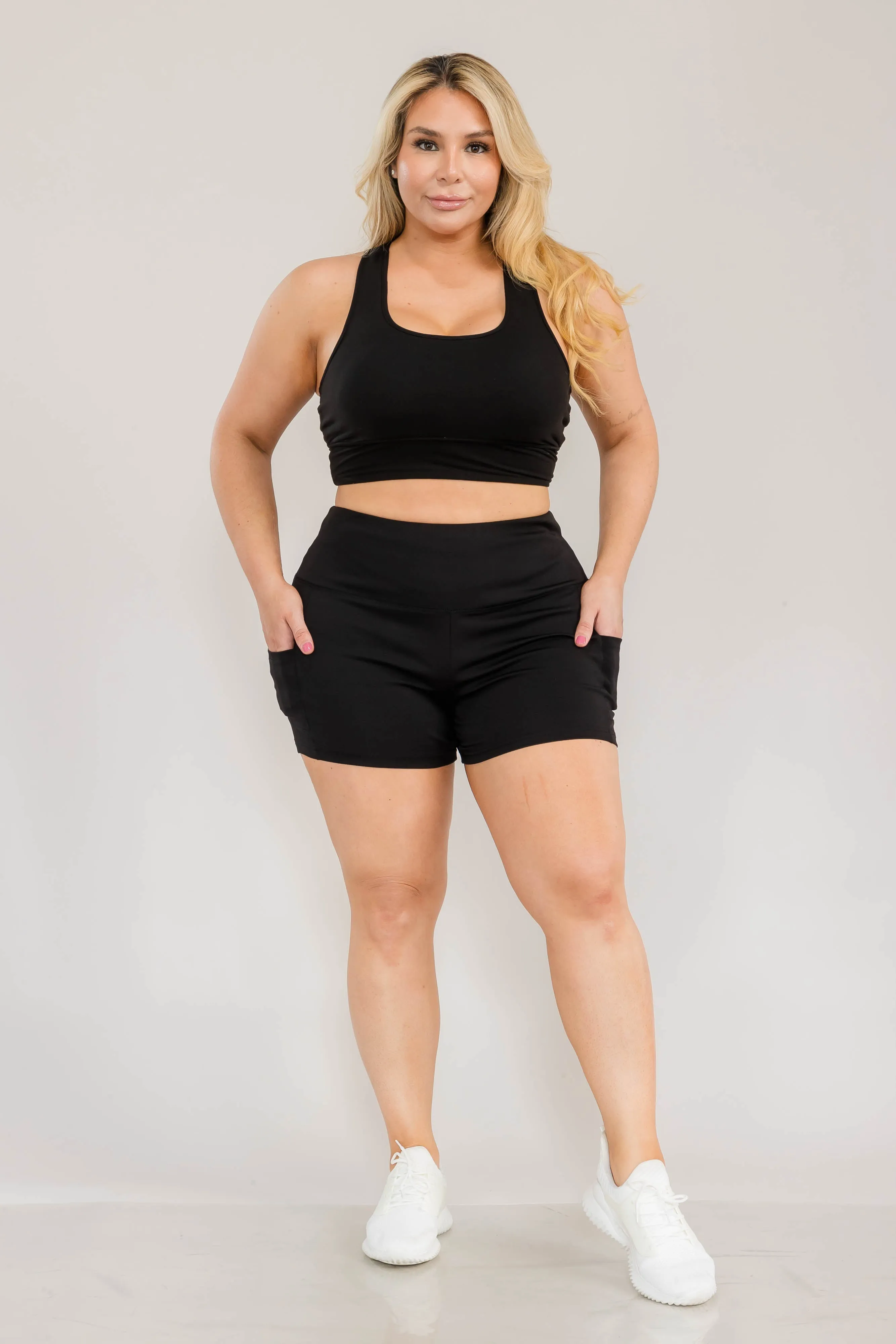 Plus Size High Waist Biker Shorts With Side Mesh & Pockets - Black