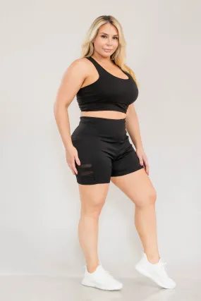 Plus Size High Waist Biker Shorts With Side Mesh & Pockets - Black