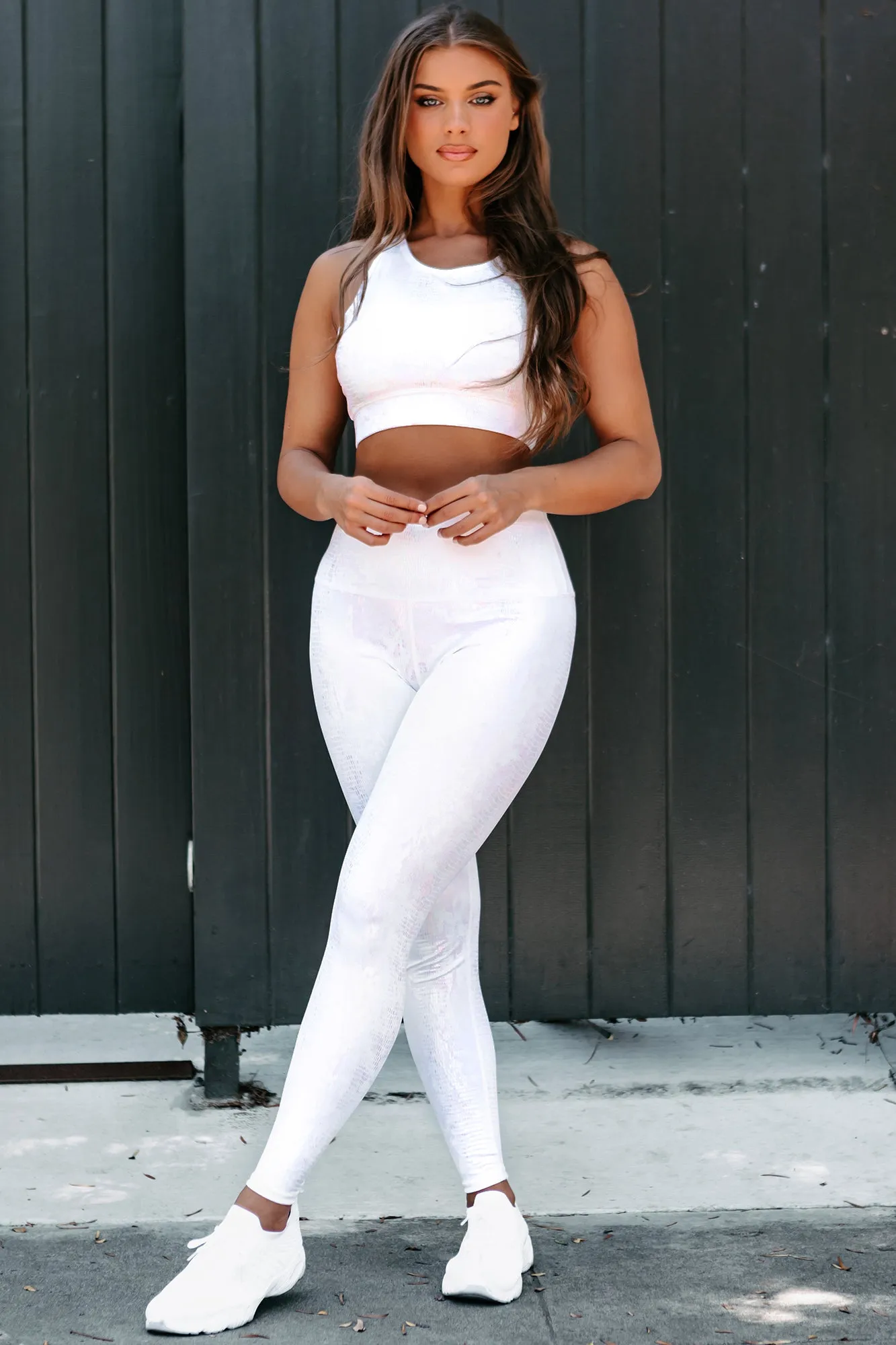 "I Don't Sweat, I Glisten" Iridescent Print Activewear Set (White)