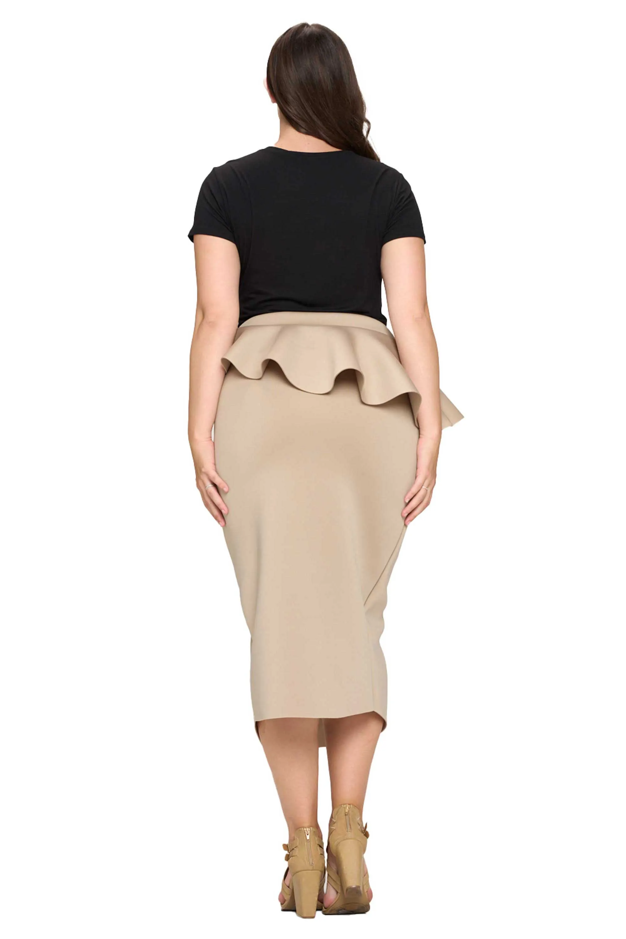 Ruffled Peplum Neoprene Midi Skirt