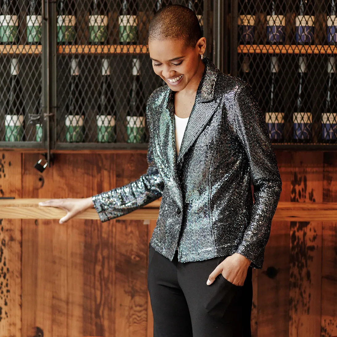 Shimmer Sequin - Modern Button Blazer - Gunmetal