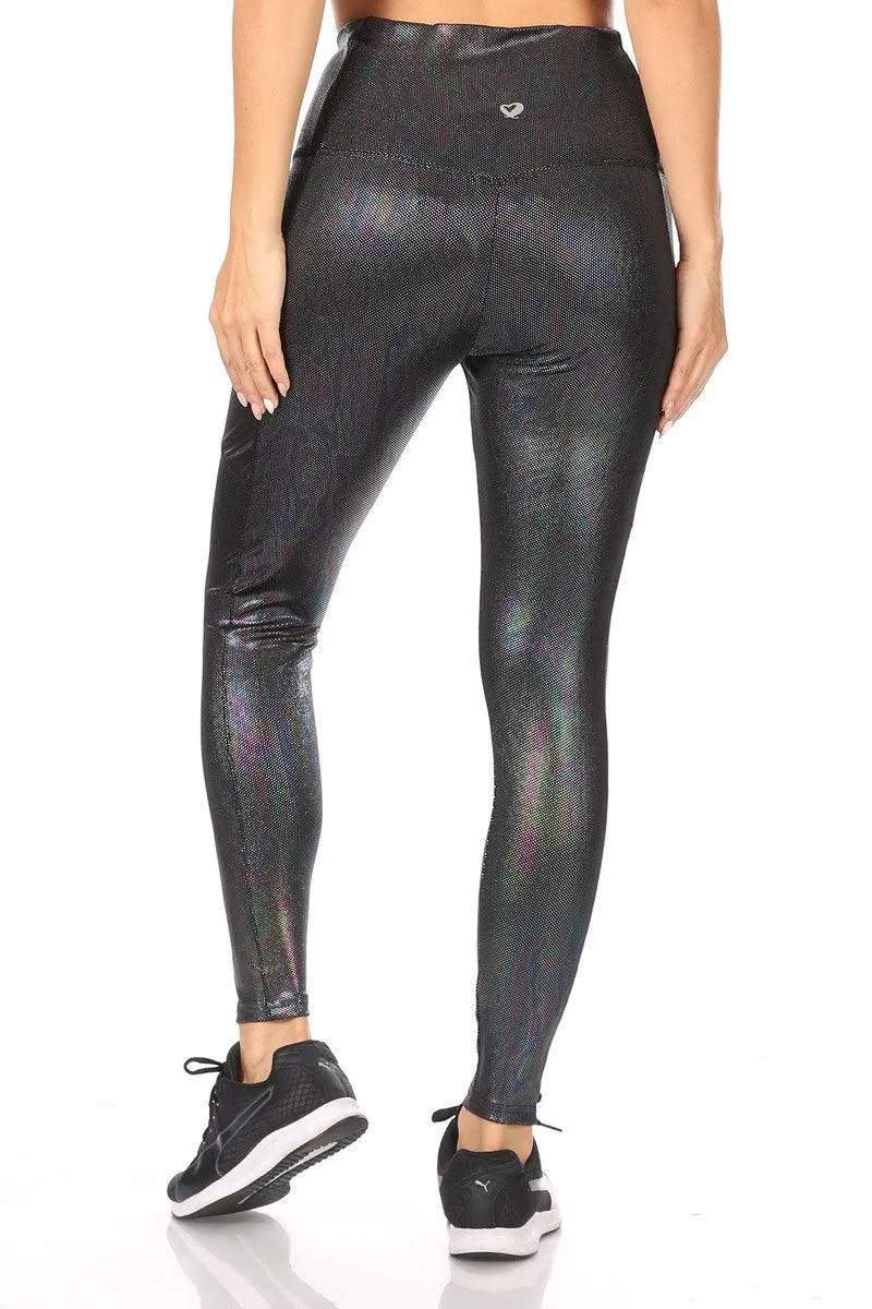 Shiny Heat Seal Print High Waist Tummy Control Sports Leggings With Pockets - Black