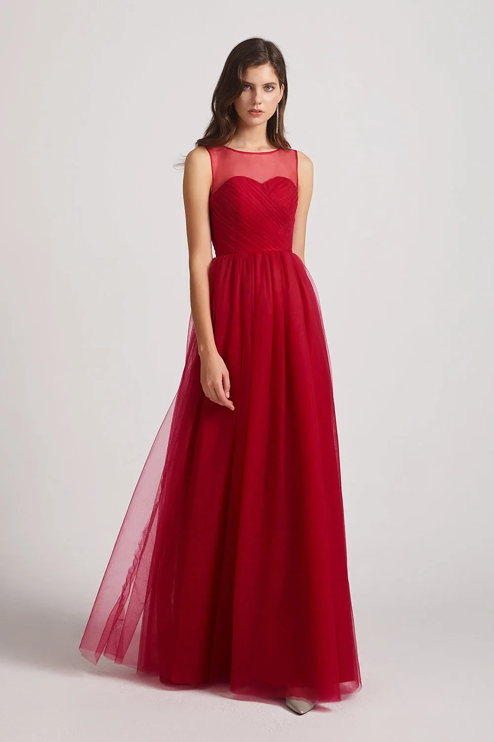 Sleeveless A-Line Tulle Jewel Illusion Bridesmaid Dresses (AF0073)