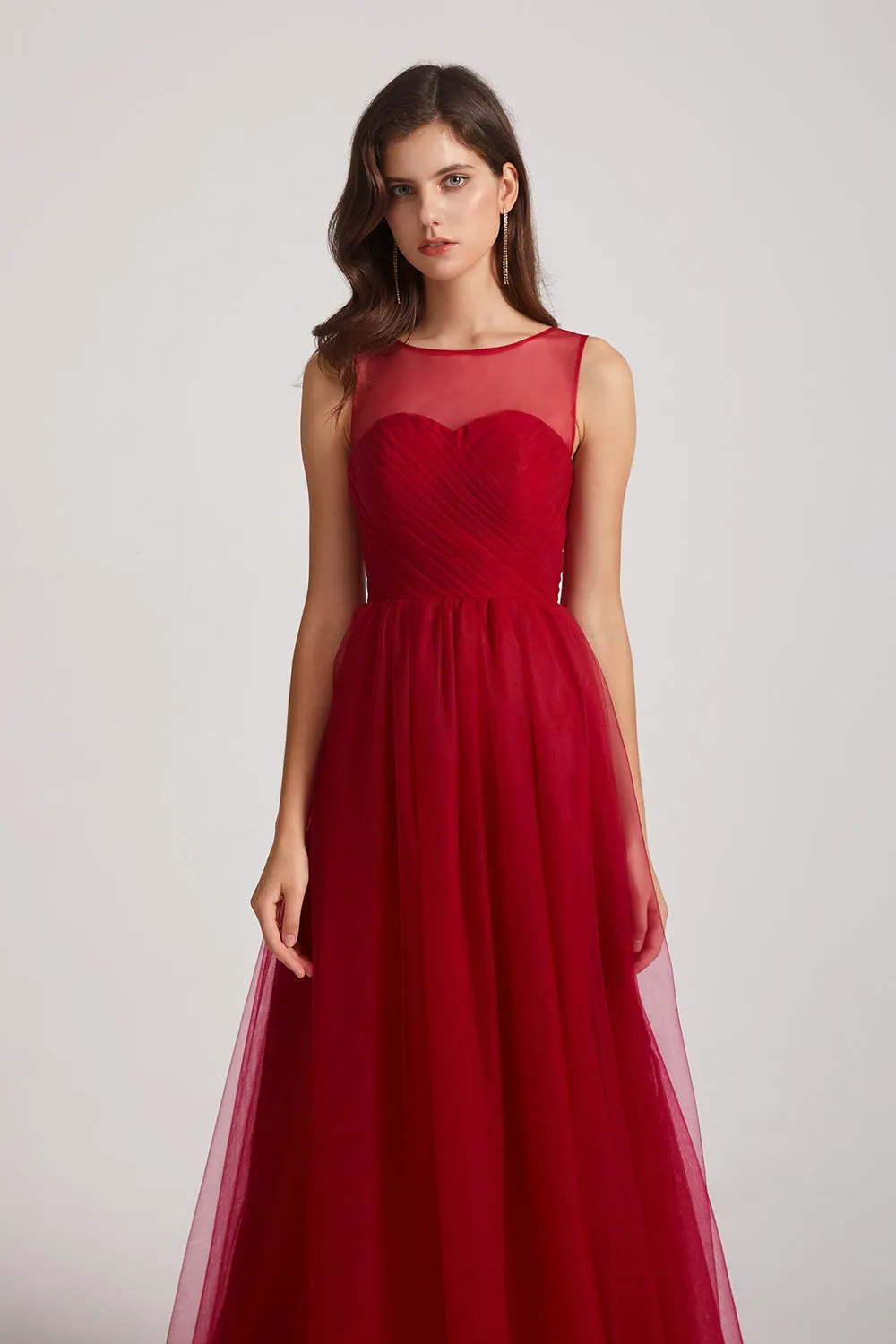 Sleeveless A-Line Tulle Jewel Illusion Bridesmaid Dresses (AF0073)