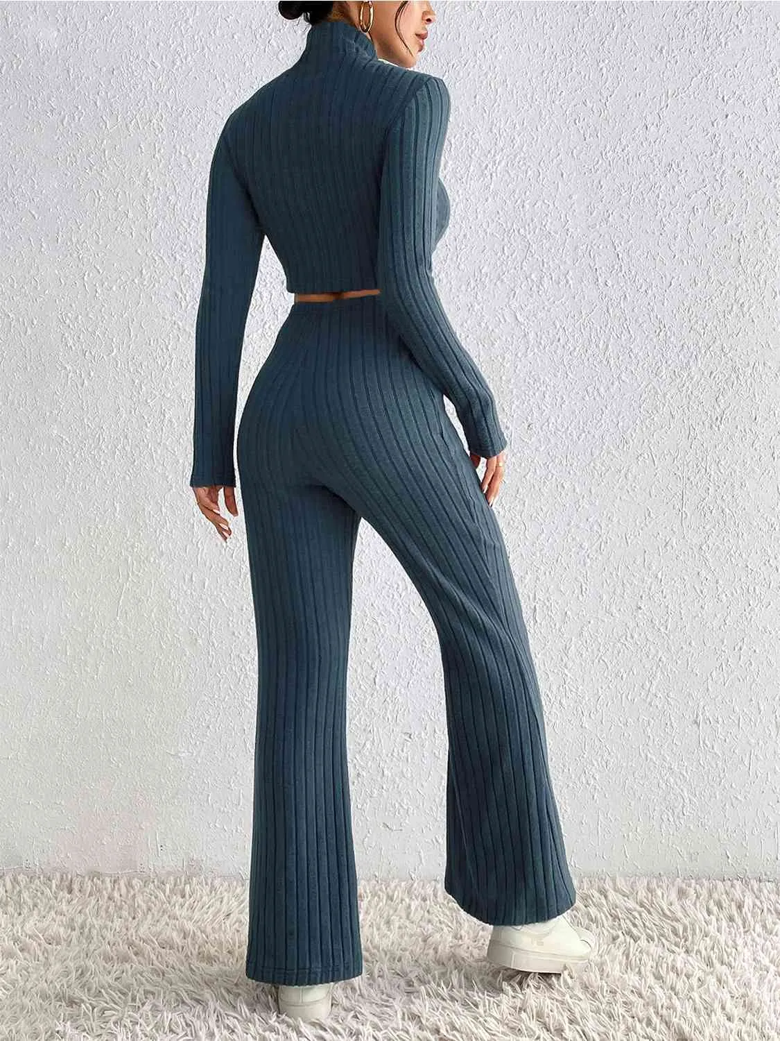 TEEK - Ribbed Mock Neck Cropped Sweater & High Waist Pants Set