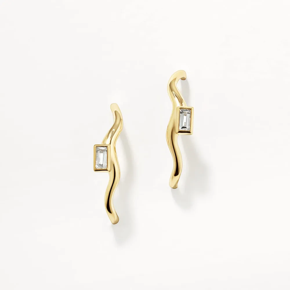 White Topaz Baguette Wave Suspender Bar Earrings in Gold