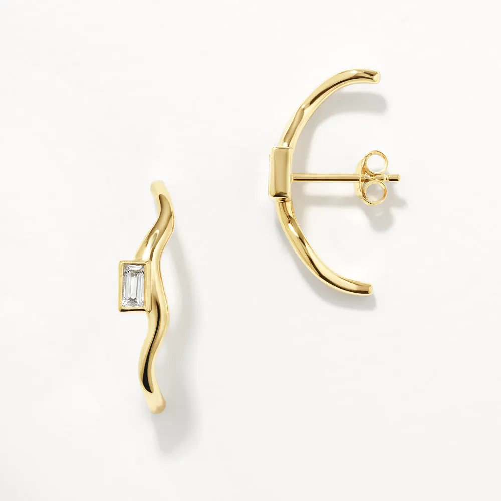 White Topaz Baguette Wave Suspender Bar Earrings in Gold