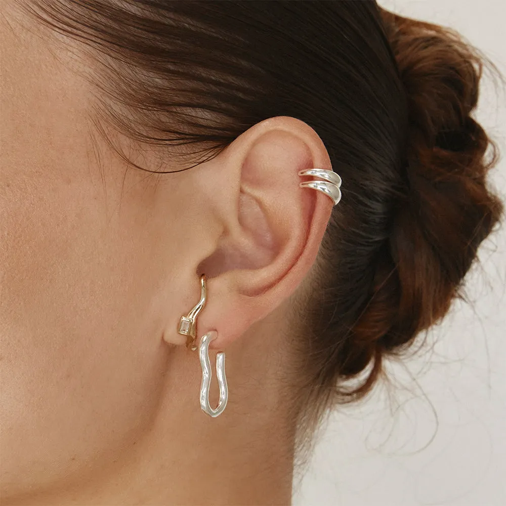 White Topaz Baguette Wave Suspender Bar Earrings in Gold