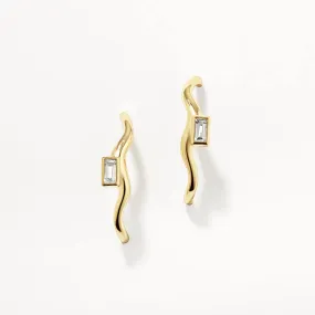 White Topaz Baguette Wave Suspender Bar Earrings in Gold